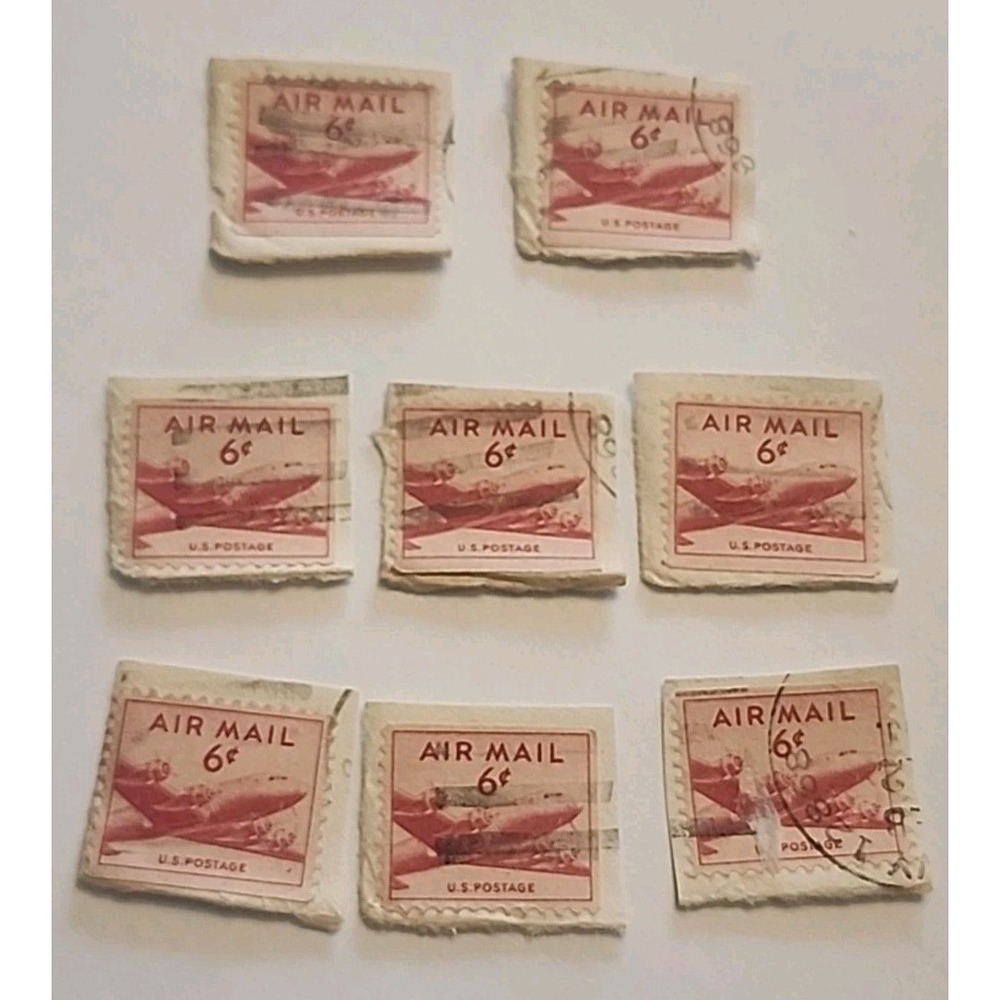 Vintage Rare 1940S Red 6 Cent Airmail U.S. Postal Stamps Lot Of 8 Used Canceled